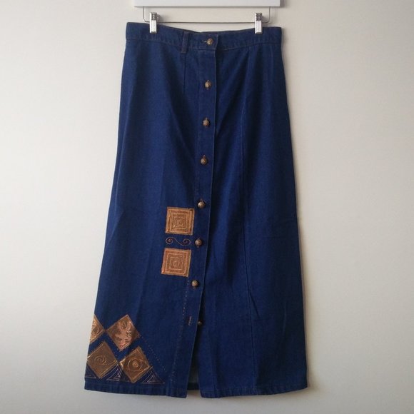 Vintage Front Button Full Length Denim Maxi Skirt - Picture 2 of 15